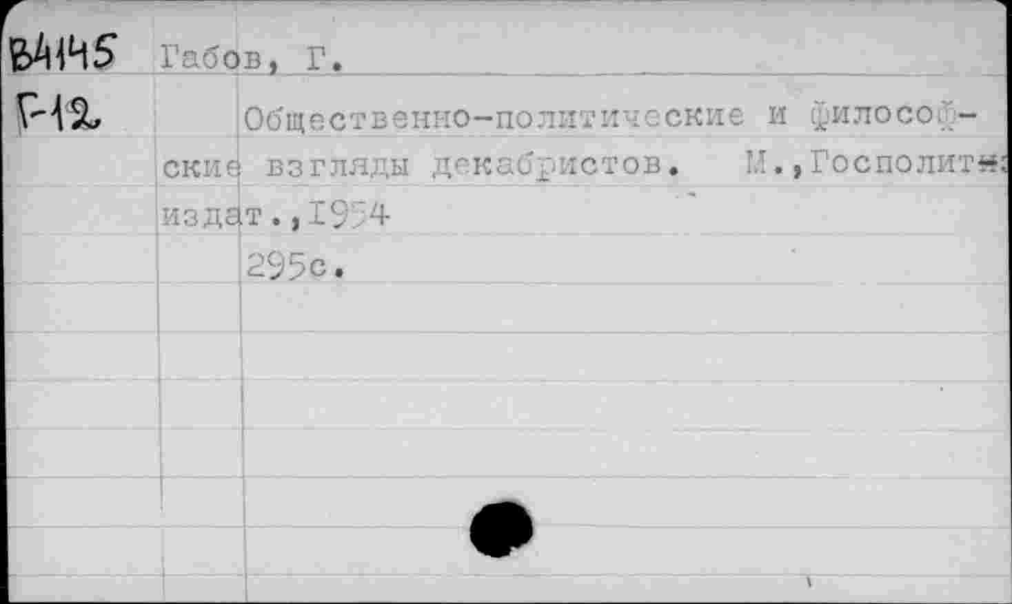 ﻿М1Ч5 рп.
Габов, Г.
Общественно-политические и философские взгляды декабристов. 1Л.,Госполит издат.,1954
295с.